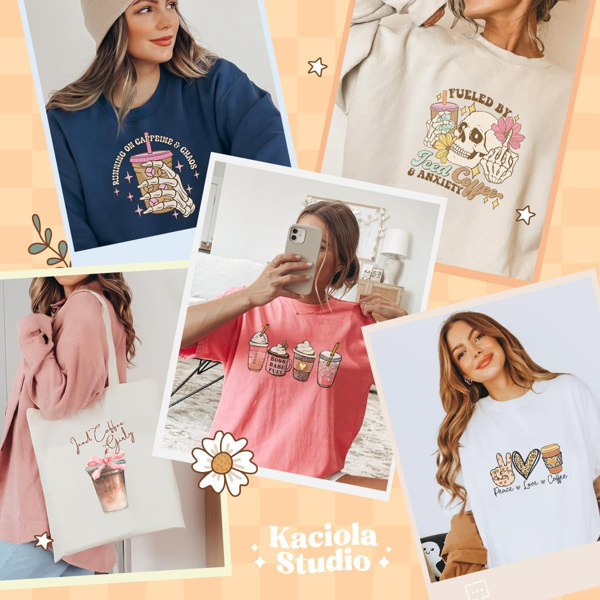 Kaciola 30 Sheets Coffee DTF Transfers Ready to Press, Coffee Iron on Transfers Washable Stickers Iron on Decals for T Shirts Hoodie DIY Crafts
