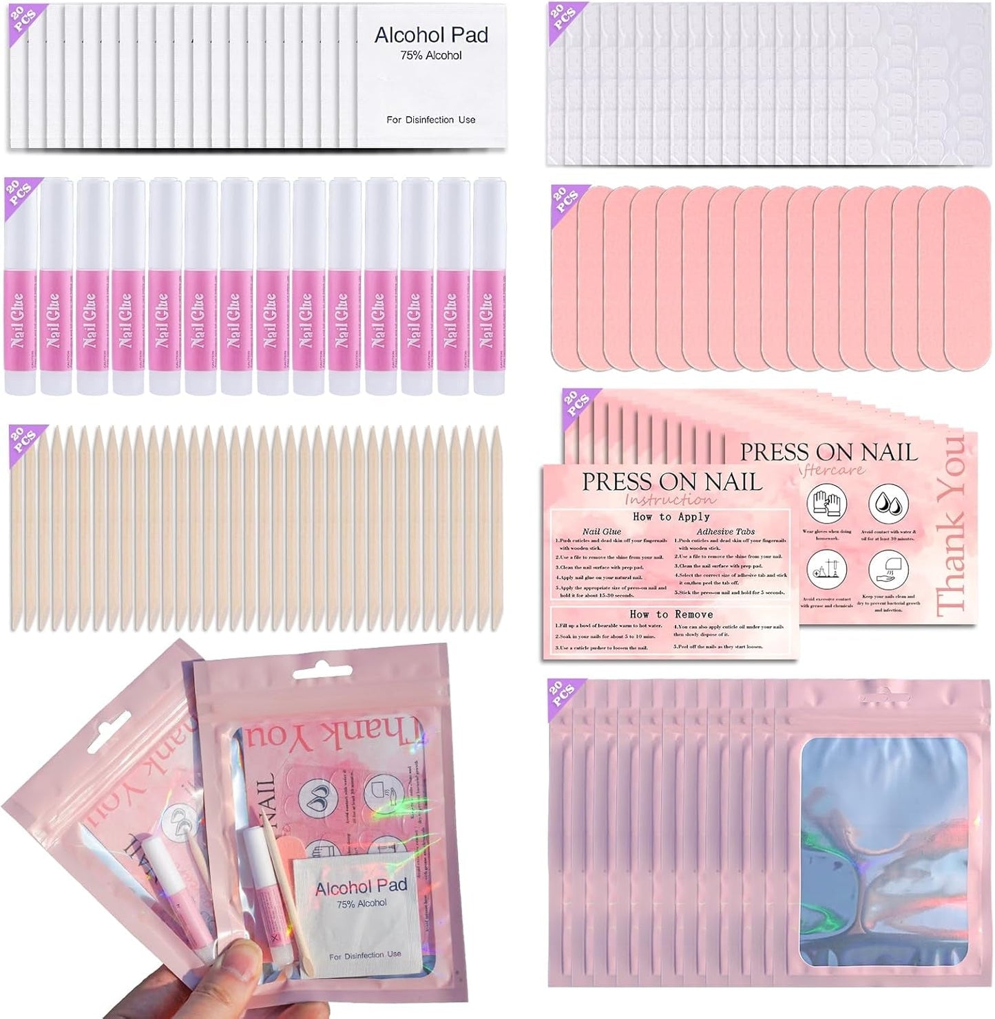 Disposable Nail Supplies Kits,Professional Manicure Press on Nail Tool Kit with Nail File,Adhesive Tabs,Nail Glue,Sticks, Prep Pads,Bags,Cards for Nail Business (140Pcs20Set-Pink)