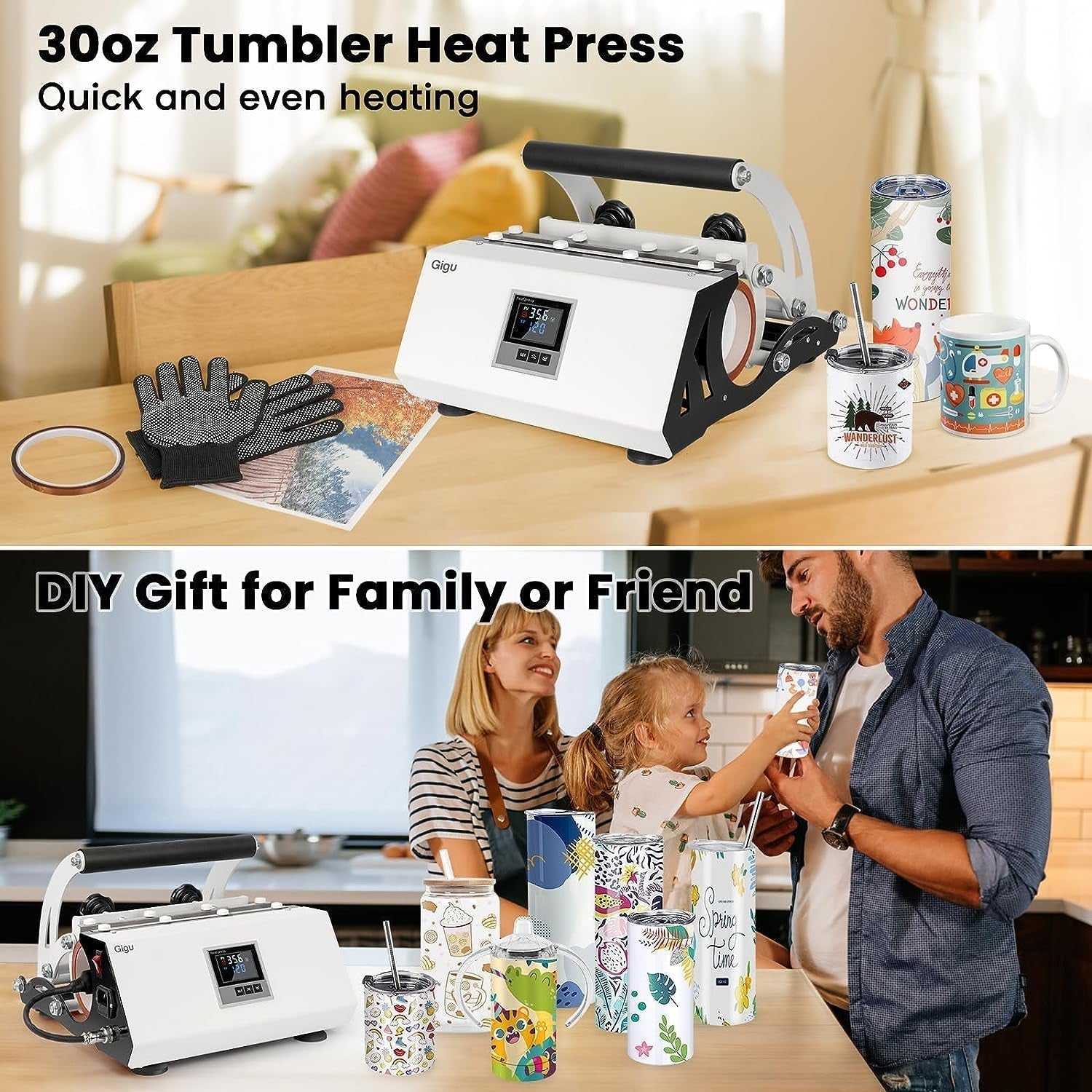 Tumbler Heat Press Machine for 20Oz-30Oz Sublimation Blanks Tumblers Press, 11-16Oz Mug Press with Sublimation Paper Heat Tape & Gloves, Coffee Mugs Cup Press Glass Water Bottle DIY Heat Transfer