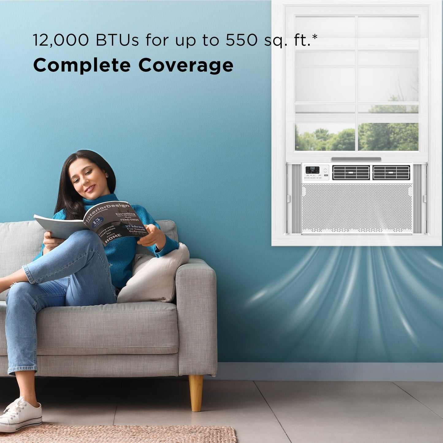 12,000 BTU 550 Sq. Ft. Smart Window Air Conditioner with Fan & Dehumidifier, White
