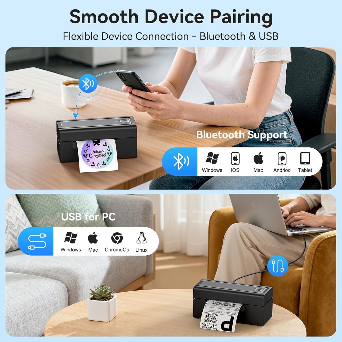 Bluetooth Thermal Label Printer, Wireless 4X6 Shipping Label Printer for Small Business & Shipping Packages, Support Iphone, Android, Windows, Macos, Work for Amazon, Ebay, Shopify, Etsy, USPS
