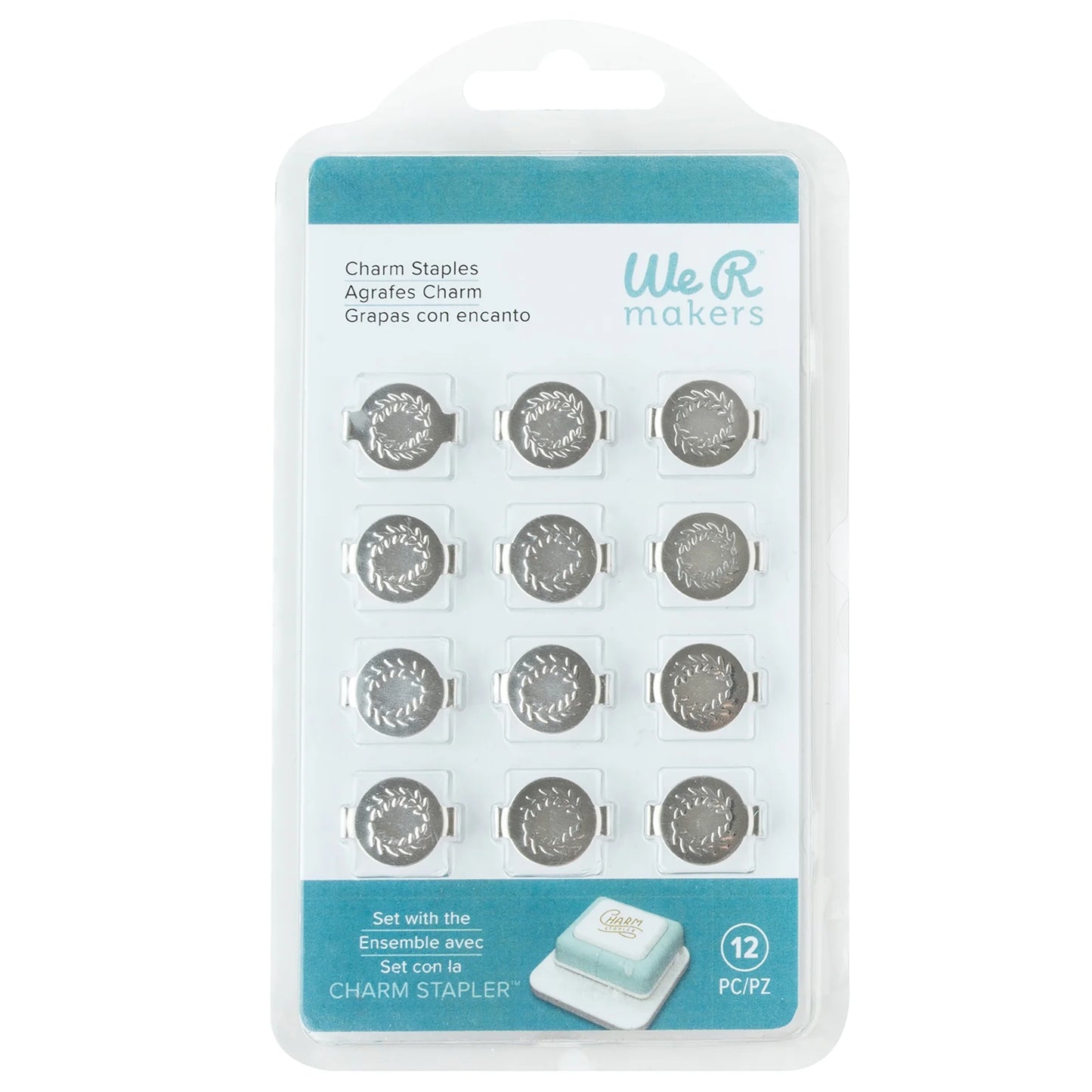 We R Charm Stapler Charm 12/Pkg-Silver round with Leaf Emboss
