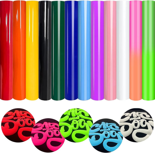 Whaline 12 Sheet 3D Puff Vinyl Heat Transfer 10 X 12In Assorted Colors Iron on Vinyl Sheet Fluorescent Adhesive Craft Vinyl Glow in the Dark HTV Vinyl Craft for Holiday DIY Fabric Decor