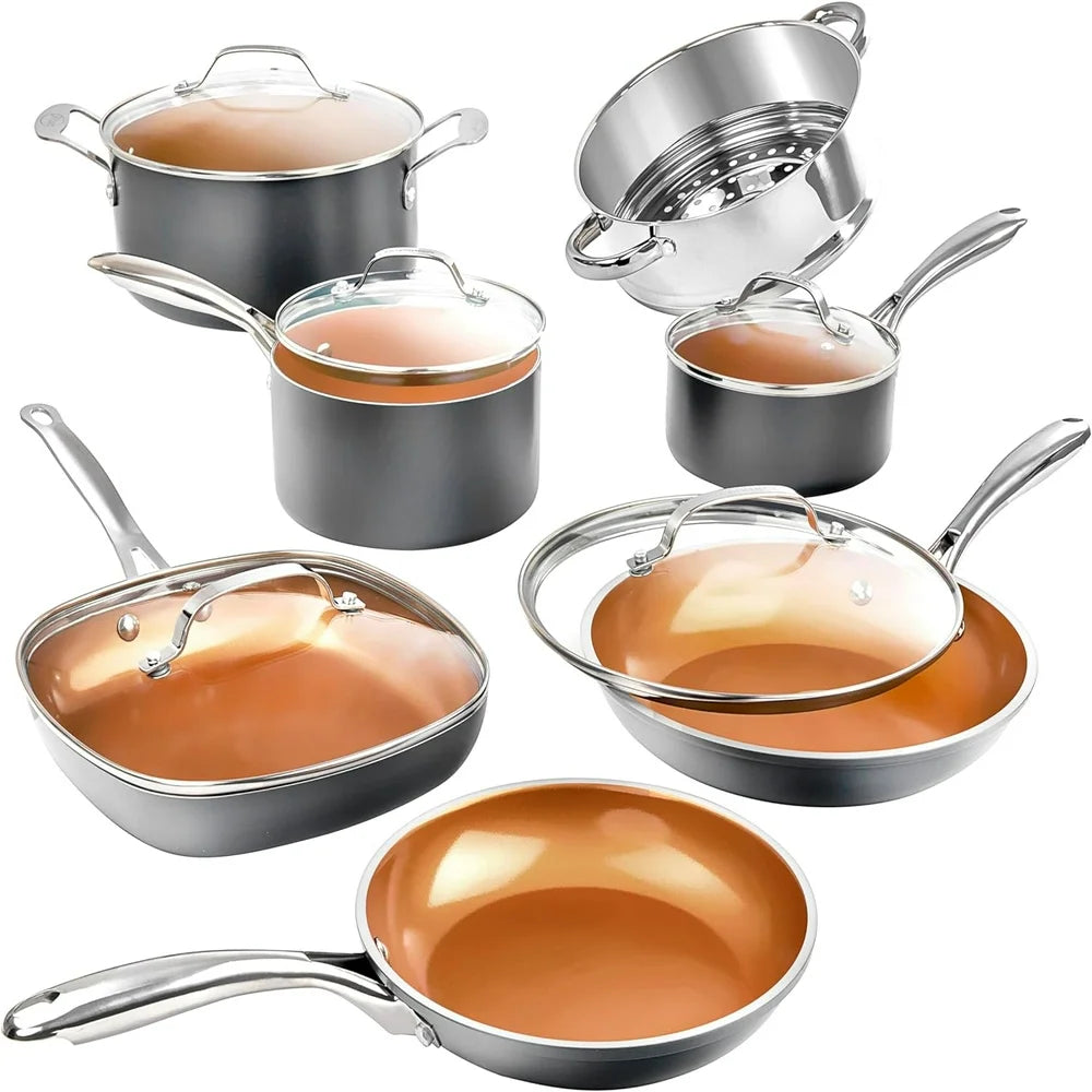 Diamond Pots and Pans Set Nonstick Cookware Set Includes Skillets Fry Pans Stock Pots, Dishwasher and Oven Safe12 Pcs