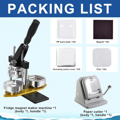 2X2In Square Fridge Magnet Maker Machine Kit, 50X50Mm Photo Magnet Making Kit Press Machine, with Lightweight Paper Cutter, 100Pcs Materials, 100 Sheet Photo Papers