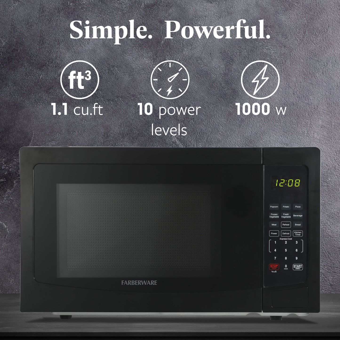 1.1 Cu. Ft. Countertop Microwave Oven – 1000W Power, Auto Cook Settings, Defrost, and Safety Lock – Black
