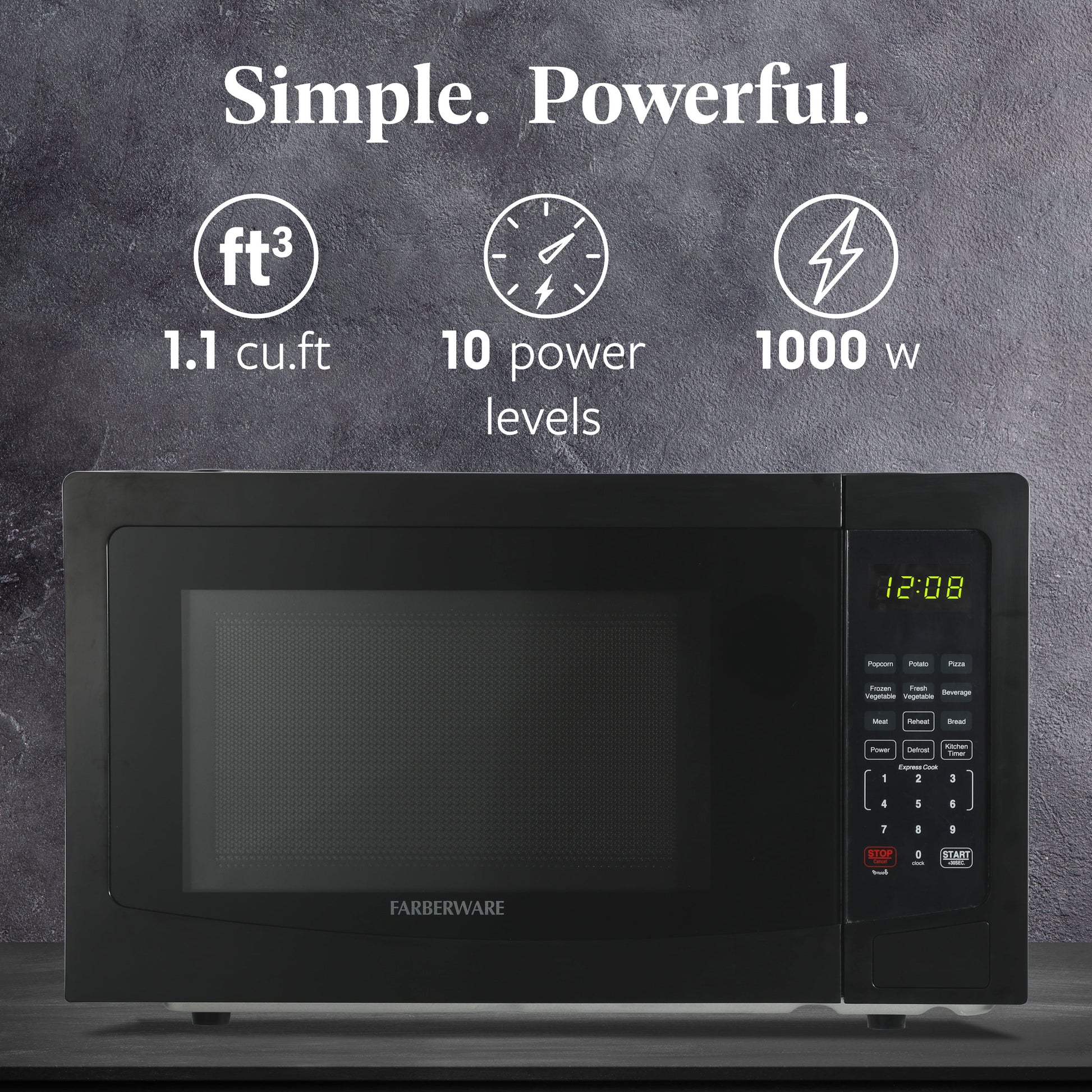 1.1 Cu. Ft. Countertop Microwave Oven – 1000W Power, Auto Cook Settings, Defrost, and Safety Lock – Black
