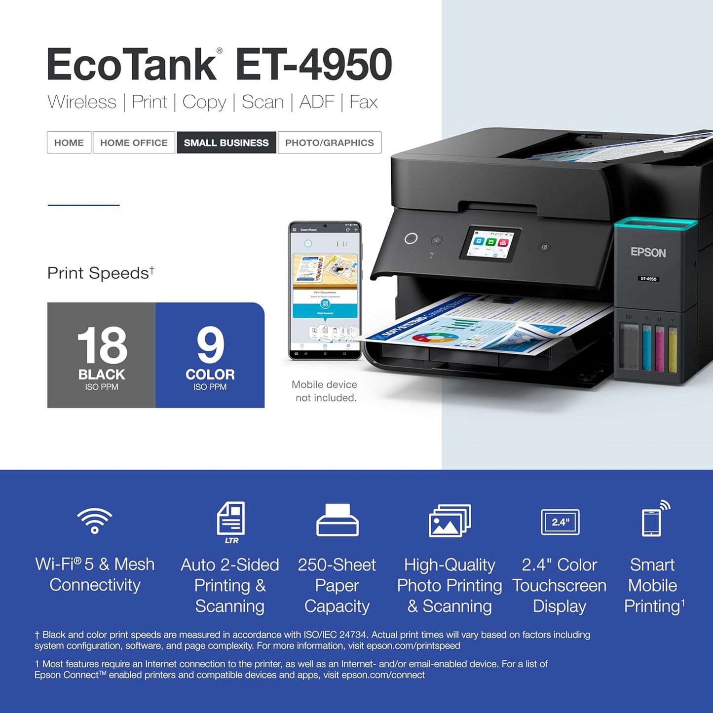 Epson Ecotank ET-4950 Wireless All-In-One Color Supertank Printer with up to 3 Years of Ink Refillable Tanks, Perfect for Home, 18 PPM, 2.4" Colorful Touchscreen, Auto Document Feeder - Black