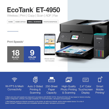 Epson Ecotank ET-4950 Wireless All-In-One Color Supertank Printer with up to 3 Years of Ink Refillable Tanks, Perfect for Home, 18 PPM, 2.4" Colorful Touchscreen, Auto Document Feeder - Black