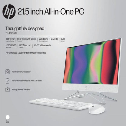 21.5" All-In-One PC, Intel Pentium, 8GB Memory, 128GB SSD, Windows 11 Home S Mode, White, 22-Dd0143W