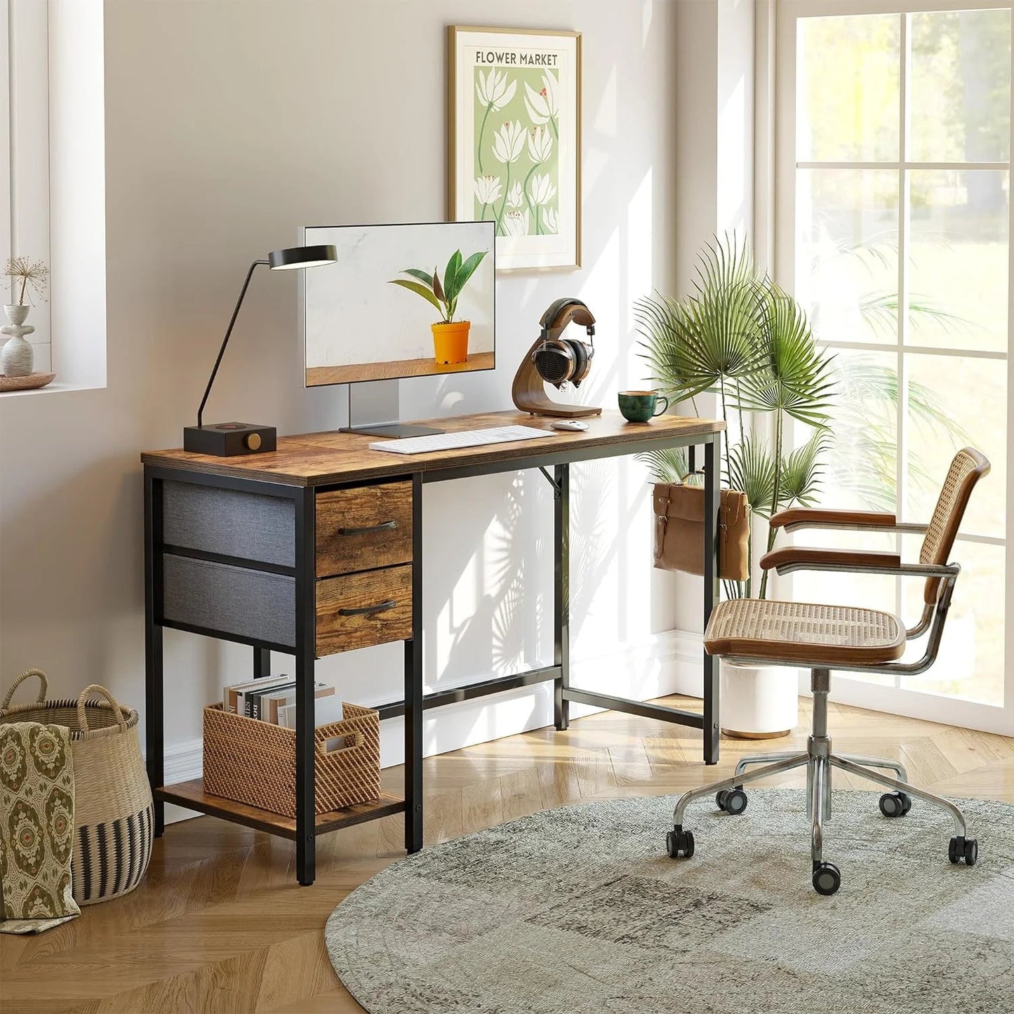 Computer Desk with Drawers, 40 Inch Study Writing Table, Modern Simple Style PC Desk for Bedroom, Gaming, Rustic Brown