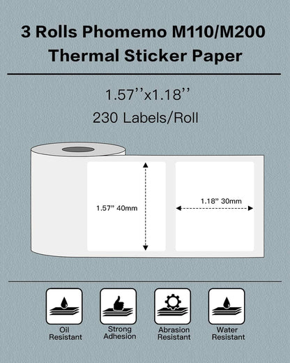 Phomemo Labels- 3 Rolls M110/M100/M220/M221/M150/M250/M108 Thermal Labels 1.57"X1.18"(40X30Mm), M110 Label Multipurpose Square Self-Adhesive Paper, Name Labels for Kids, School, 230 Label/Roll