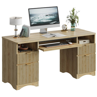 59" Computer Home Office PC Desk with Keyboard Tray and Storage Drawers, Log