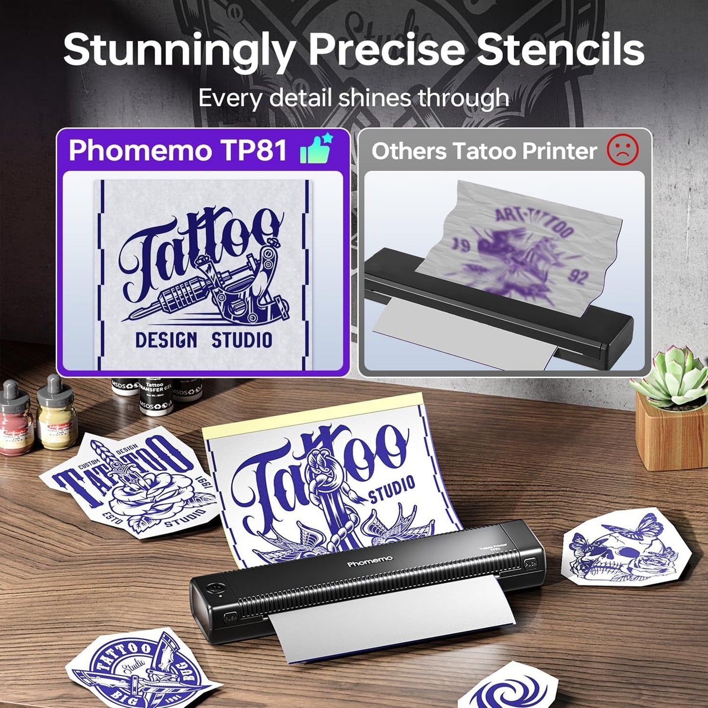 Phomemo Tattoo Stencil Printer Upgraded, TP81 Bluetooth Tattoo Printer with 10Pcs Transfer Paper, Compatible with Phone/Tablet/Pc, Tattoo Supplies for Tattoo Artists & Beginners,Black