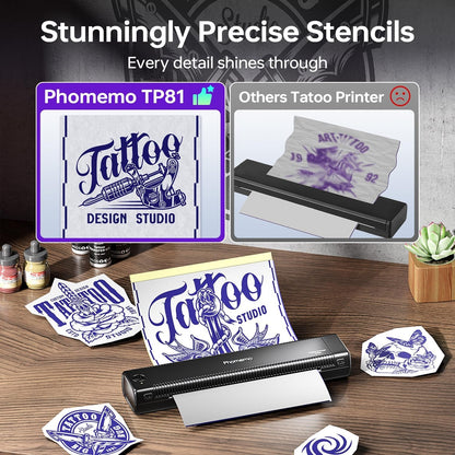 Phomemo Tattoo Stencil Printer Upgraded, TP81 Bluetooth Tattoo Printer with 10Pcs Transfer Paper, Compatible with Phone/Tablet/Pc, Tattoo Supplies for Tattoo Artists & Beginners,Black