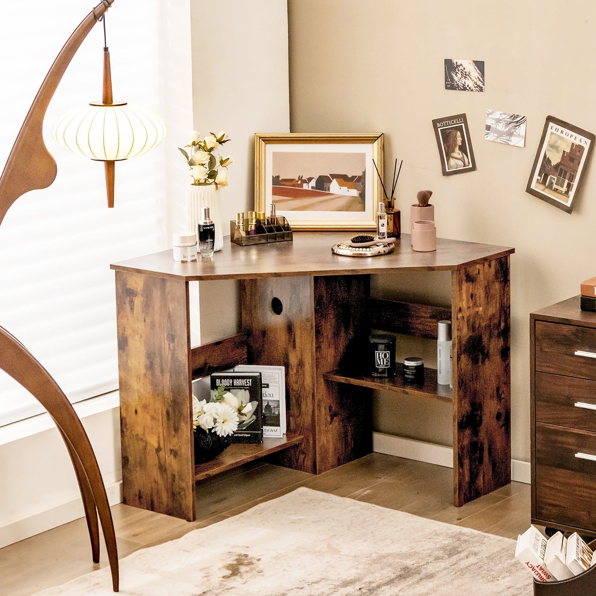 Corner Computer Desk Triangle Writing Workstation W/Storage Shelf Rustic