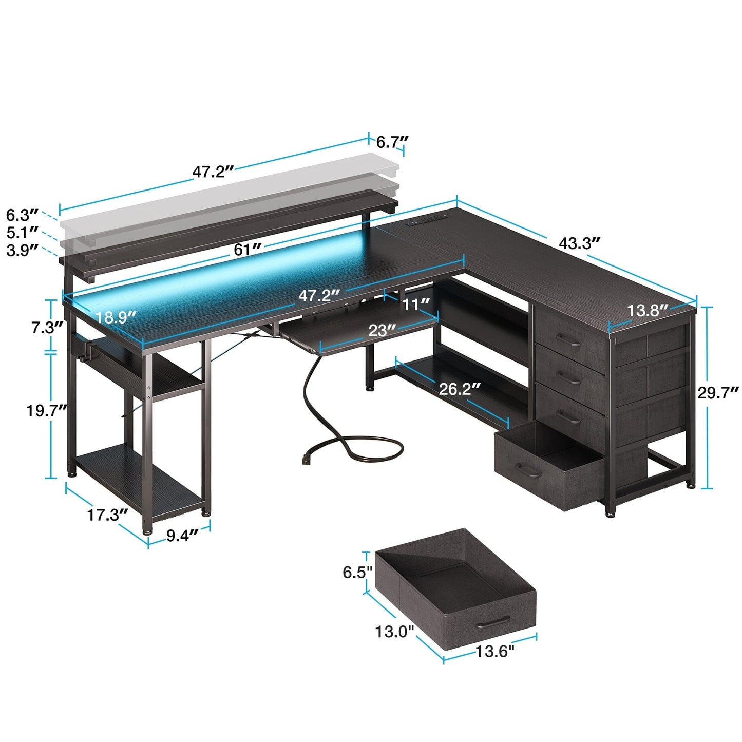 61 Inch L Shaped Gaming Desk with 4 Drawers & Power Outlets, Home Office Desk with Adjustable Heights Monitor Stand & Keyboard Tray, Computer Desk with LED Light, Pure Black