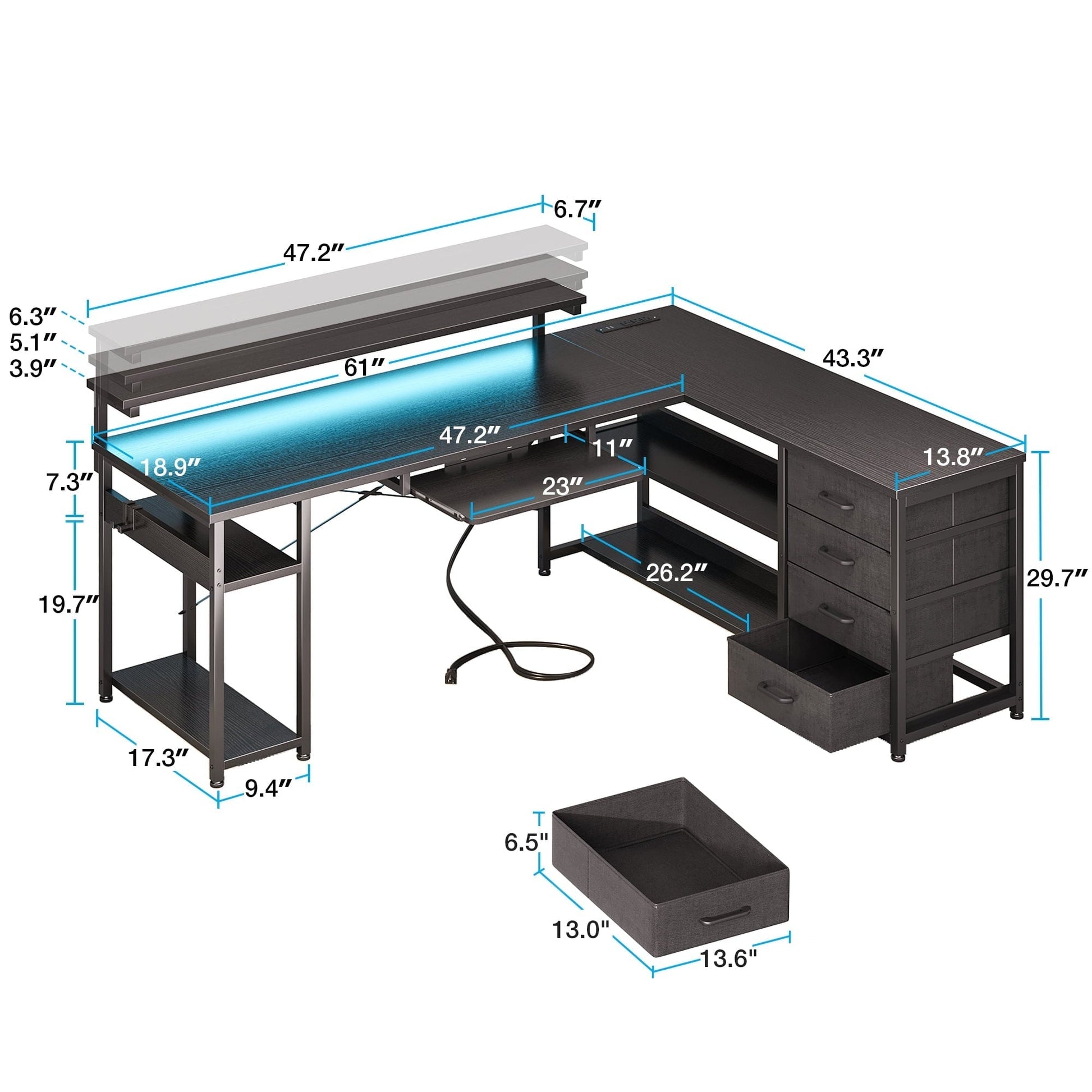 61 Inch L Shaped Gaming Desk with 4 Drawers & Power Outlets, Home Office Desk with Adjustable Heights Monitor Stand & Keyboard Tray, Computer Desk with LED Light, Pure Black