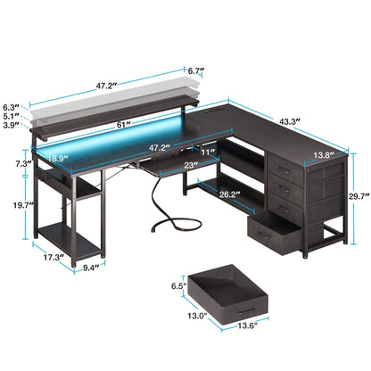 61 Inch L Shaped Gaming Desk with 4 Drawers & Power Outlets, Home Office Desk with Adjustable Heights Monitor Stand & Keyboard Tray, Computer Desk with LED Light, Pure Black
