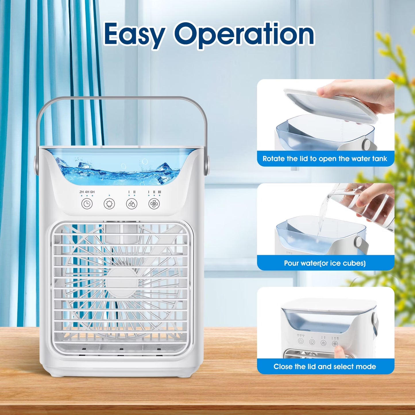 Portable Air Conditioner, Personal Air Conditioner, Tabletop Mini AC, 3 in 1 Evaporative Air Cooler with 3 Speeds, 2 Mist Spray, 7 Color Ambient Lights, 24Oz Removable Water Tank for Bedroom Office