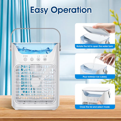 Portable Air Conditioner, Personal Air Conditioner, Tabletop Mini AC, 3 in 1 Evaporative Air Cooler with 3 Speeds, 2 Mist Spray, 7 Color Ambient Lights, 24Oz Removable Water Tank for Bedroom Office