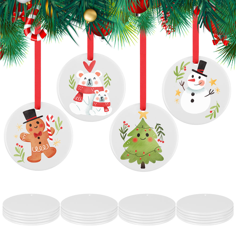 Sublimation Ornament Blanks - 24Pcs Ceramic Sublimation Christmas Ornament Blanks Sublimation Blanks Ornaments Bulk with Red Strings for Christmas Halloween Decor(2.87Ches)