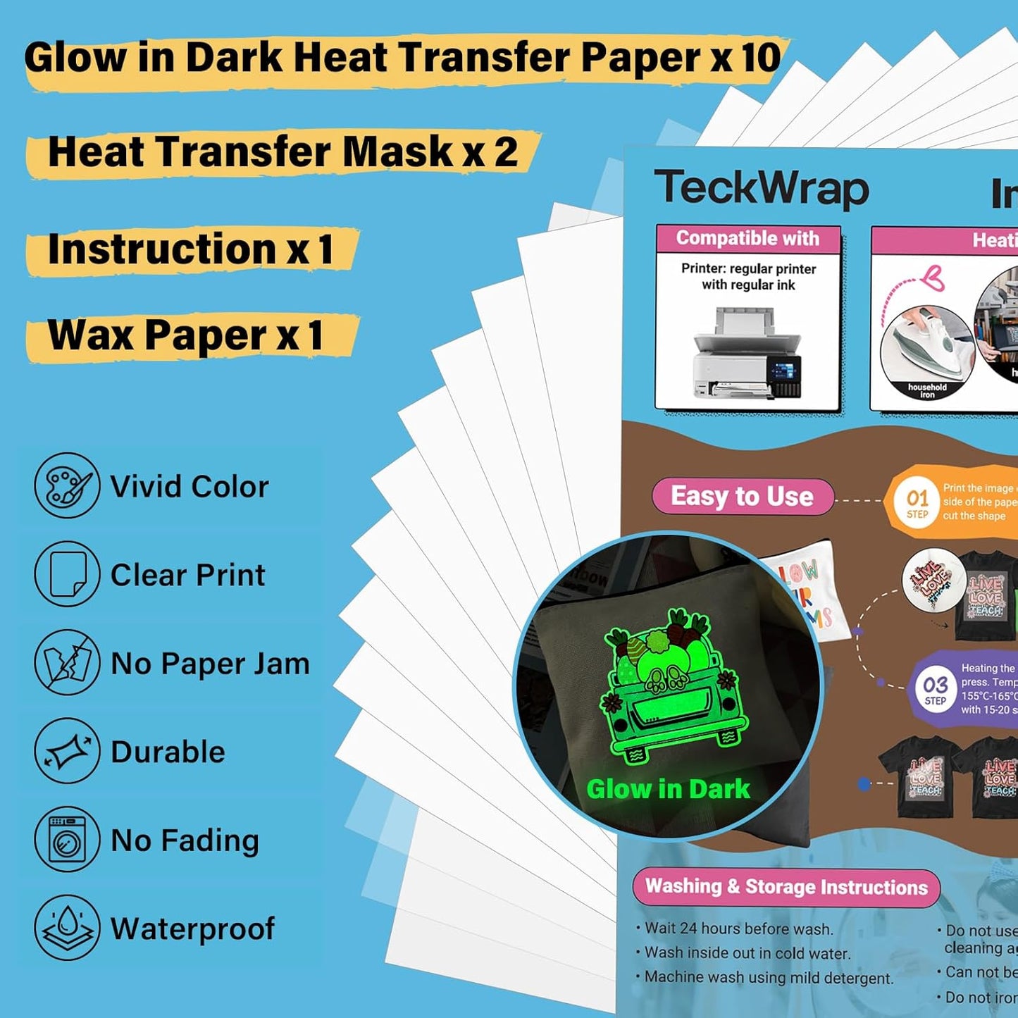 Printable Heat Transfer Paper for T-Shirts 10 Sheets, 8.3" X 11.7" Printable Heat Transfer Vinyl for Inkjet Printer, Iron on Transfer Paper for Light and Dark Fabric (Glow in Dark)