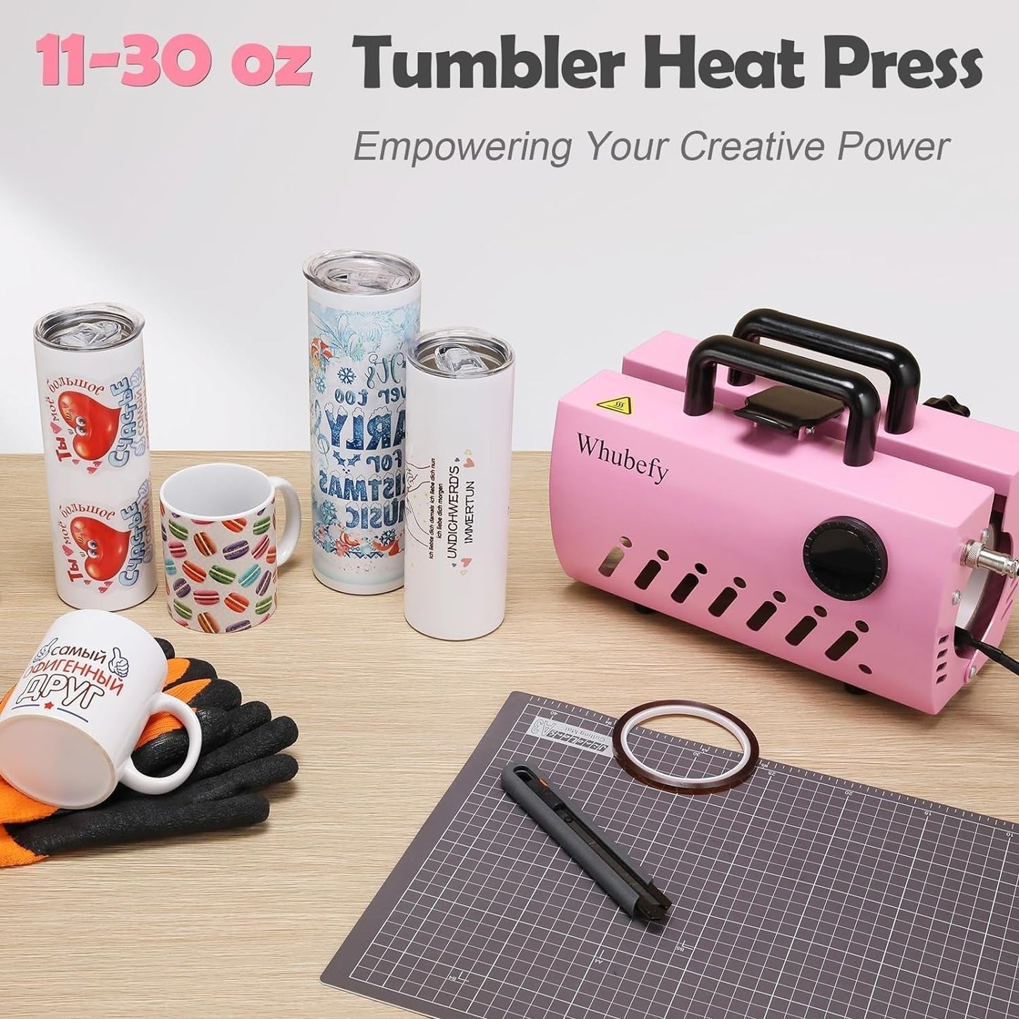 11-30 OZ Tumbler Heat Press Machine, Mug Cup Heat Press DIY Sublimation for 11OZ 16OZ 20OZ 30OZ Skinny Tumblers Glass/Ceramic/Aluminium Mug Coffee Cup, Pink Cup Press with 20 Heat Papers/Tape/Gloves