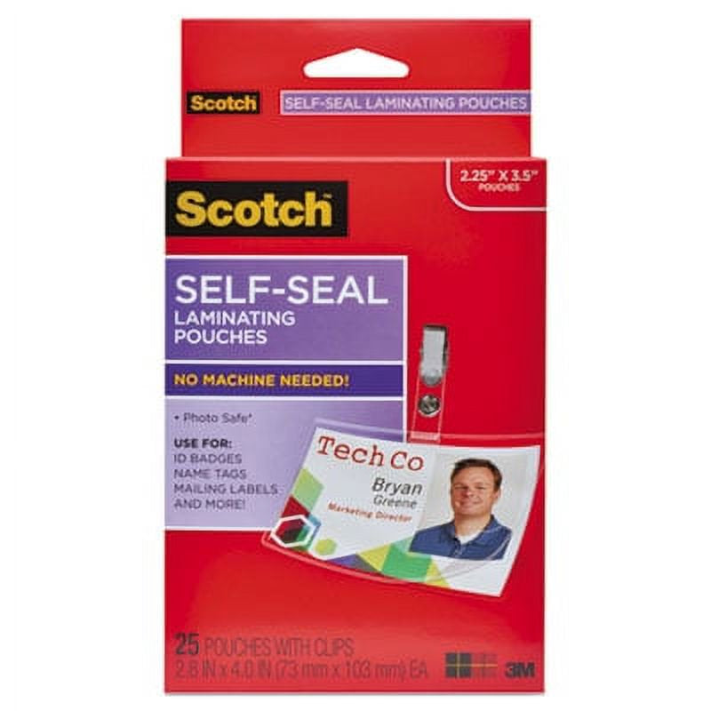 LS852G Self-Sealing Laminating Pouches W/Clip, 12.5 Mil, 2 15/16 X 4 1/16, 25/Pack