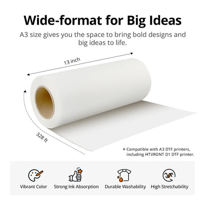 HTVRONT DTF Transfer Film Roll 13 Inch X 328 Ft——Fit for A3 DTF Printer