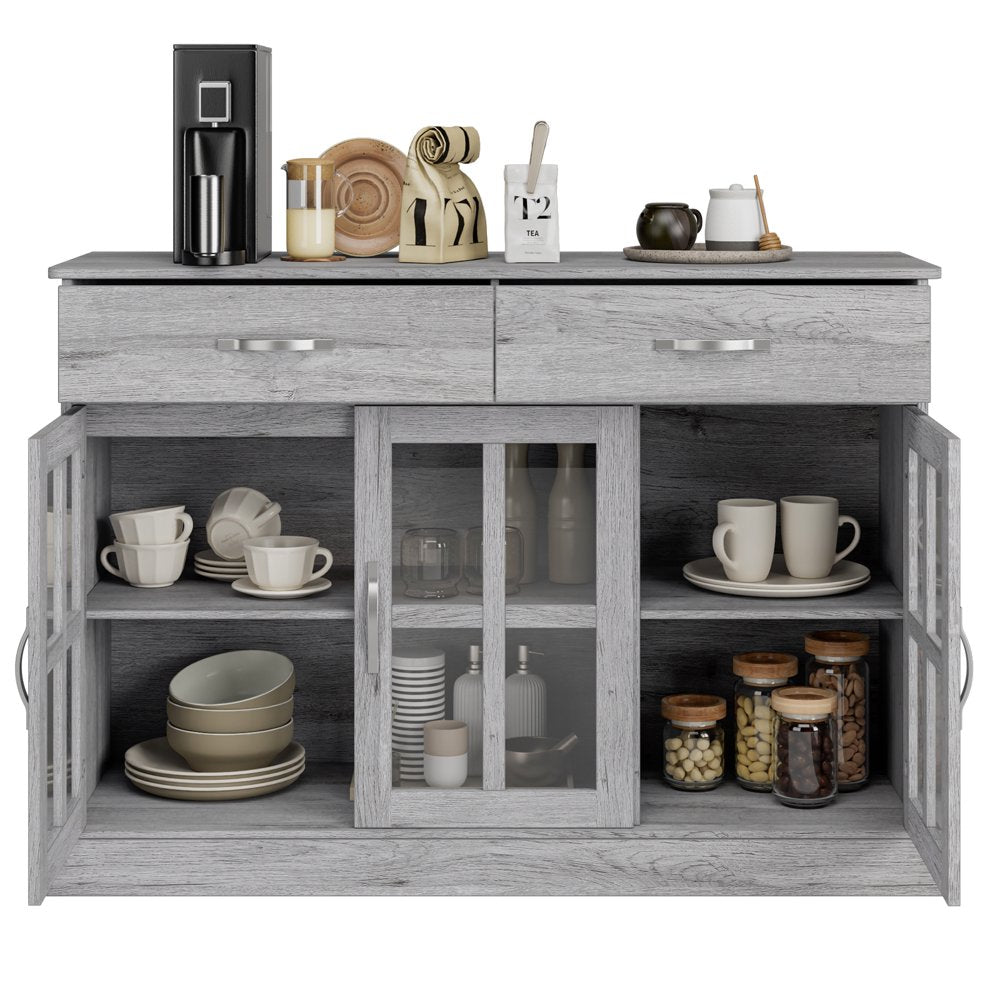 Buffet Server Cupboard, Kitchen Sideboard Cabinet with 3 Doors and 2 Drawers for Dining Room, Sliver Gray Finish