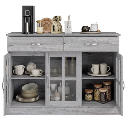 Buffet Server Cupboard, Kitchen Sideboard Cabinet with 3 Doors and 2 Drawers for Dining Room, Sliver Gray Finish