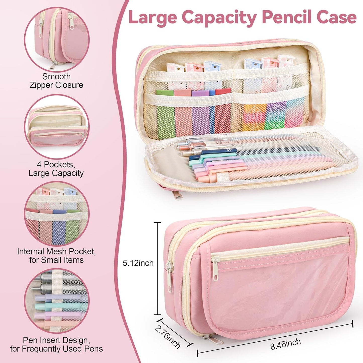 61 PCS Aesthetic School Supplies with Cute Pencil Case, Pastel No Bleed Highlighters, Gel & Erasable Pens, Mechanical Pencils, Refills, Complete Essentials Stationery Kit for Students (Pink)