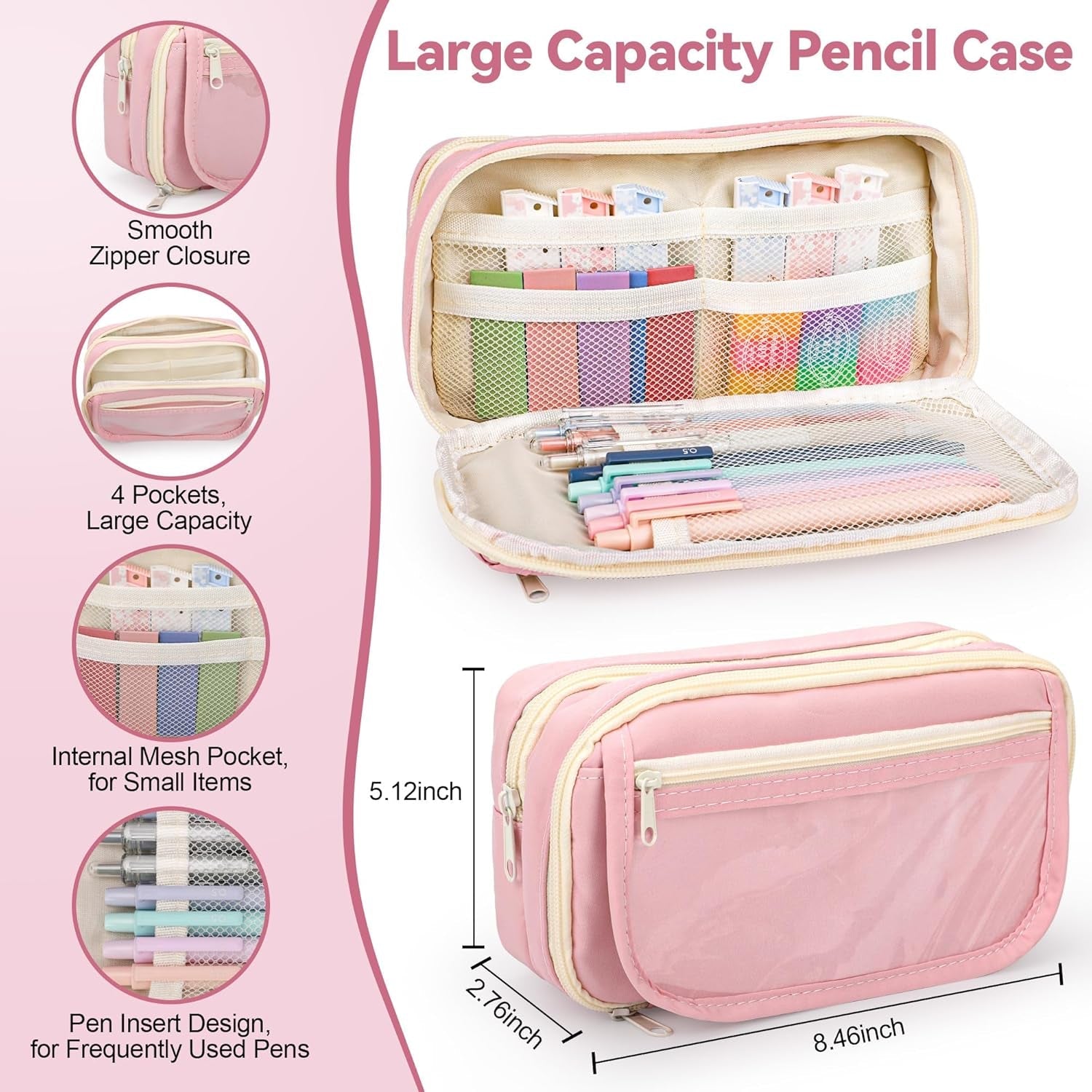 61 PCS Aesthetic School Supplies with Cute Pencil Case, Pastel No Bleed Highlighters, Gel & Erasable Pens, Mechanical Pencils, Refills, Complete Essentials Stationery Kit for Students (Pink)