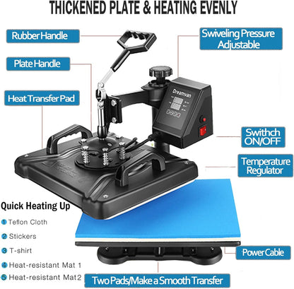 5 in 1 Heat Press Machine for T Shirts Professional Swing Away Heat Press Digital Combo 12" X 15" 360-Degree Rotation Heat Press Machines Sublimation Heat Transfer for T Shirts Mug Hat Plate