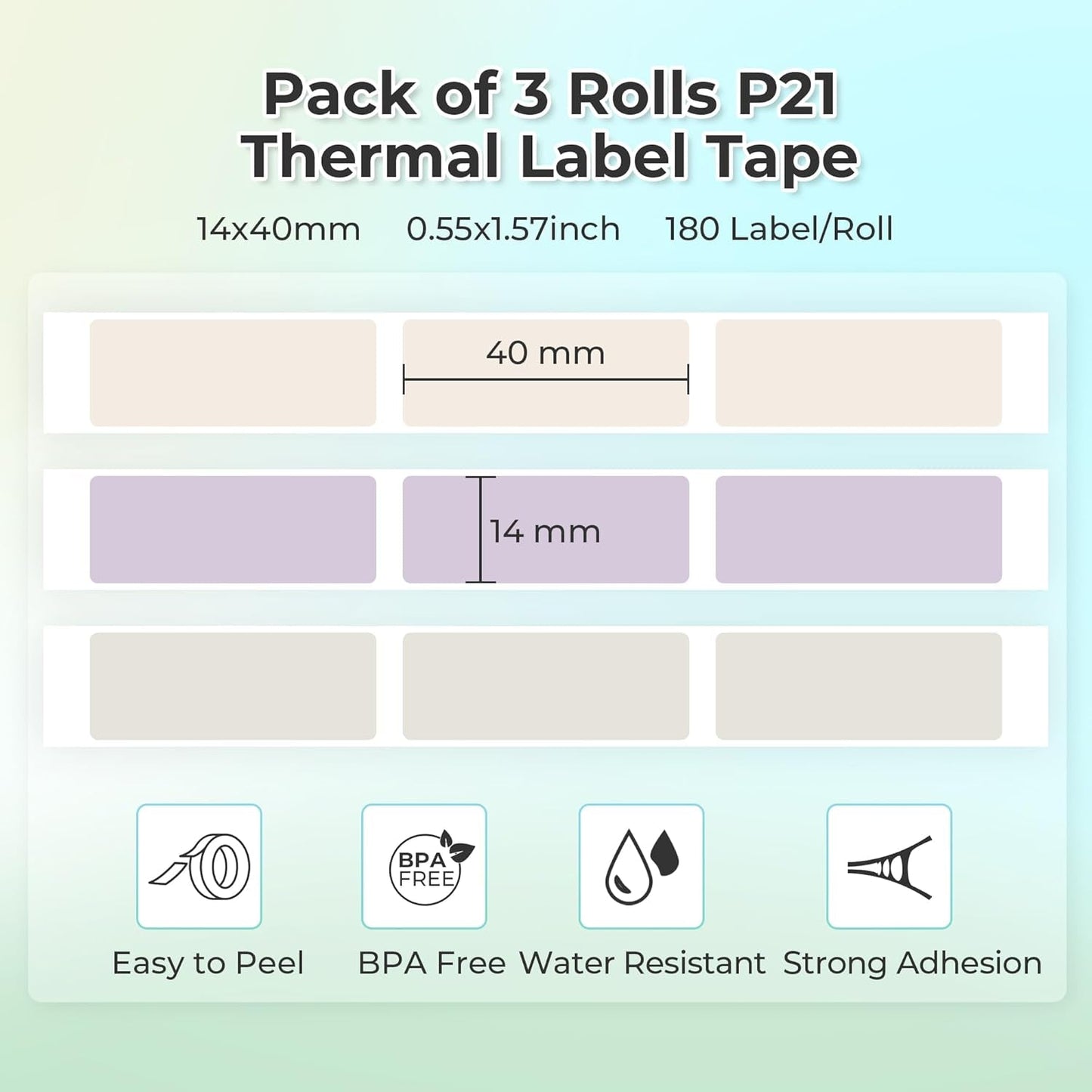 NELKO Genuine P21 Label Maker Tape, Adapted Label Print Paper, 14X40Mm (0.55"X1.57"), Standard Laminated Labeling Replacement, Multipurpose of P21, 180 Tapes/Roll, 3-Roll, Beige/Brown/Purple
