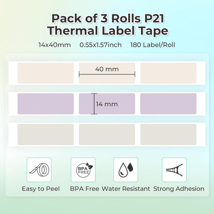 NELKO Genuine P21 Label Maker Tape, Adapted Label Print Paper, 14X40Mm (0.55"X1.57"), Standard Laminated Labeling Replacement, Multipurpose of P21, 180 Tapes/Roll, 3-Roll, Beige/Brown/Purple