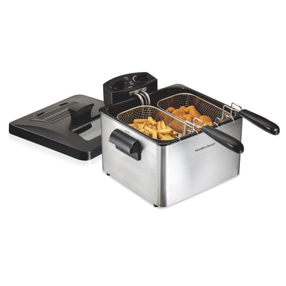 Professional-Style Deep Fryer with 2 Frying Baskets, 4.7 Quart or 19 Cup Oil Capacity, Lid with View Window, Stainless Steel, 35036
