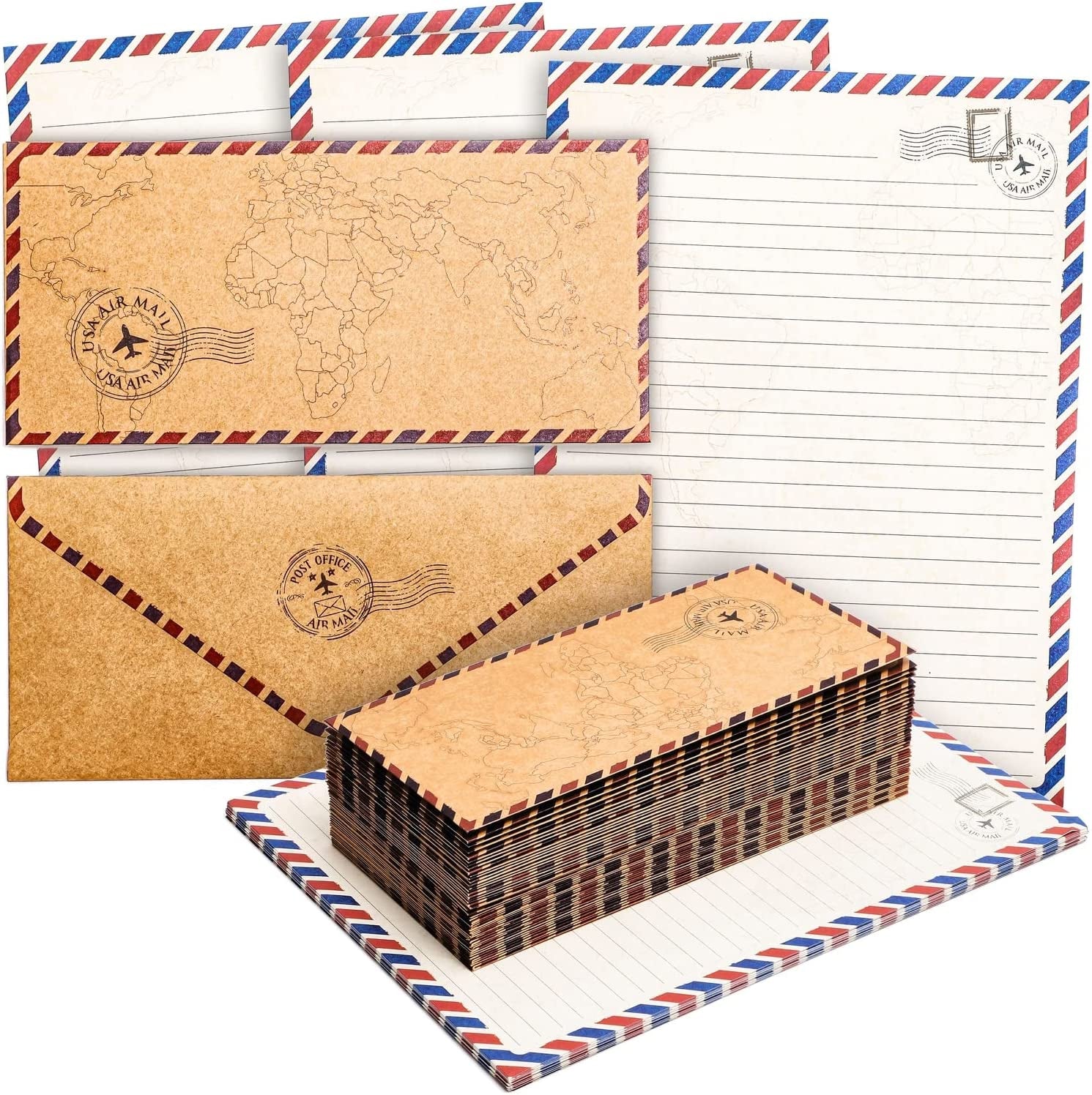 48 Pack Letter Writing Stationary Paper and Envelopes Set, Vintage Travel Design (6.9 X 9.25 In)