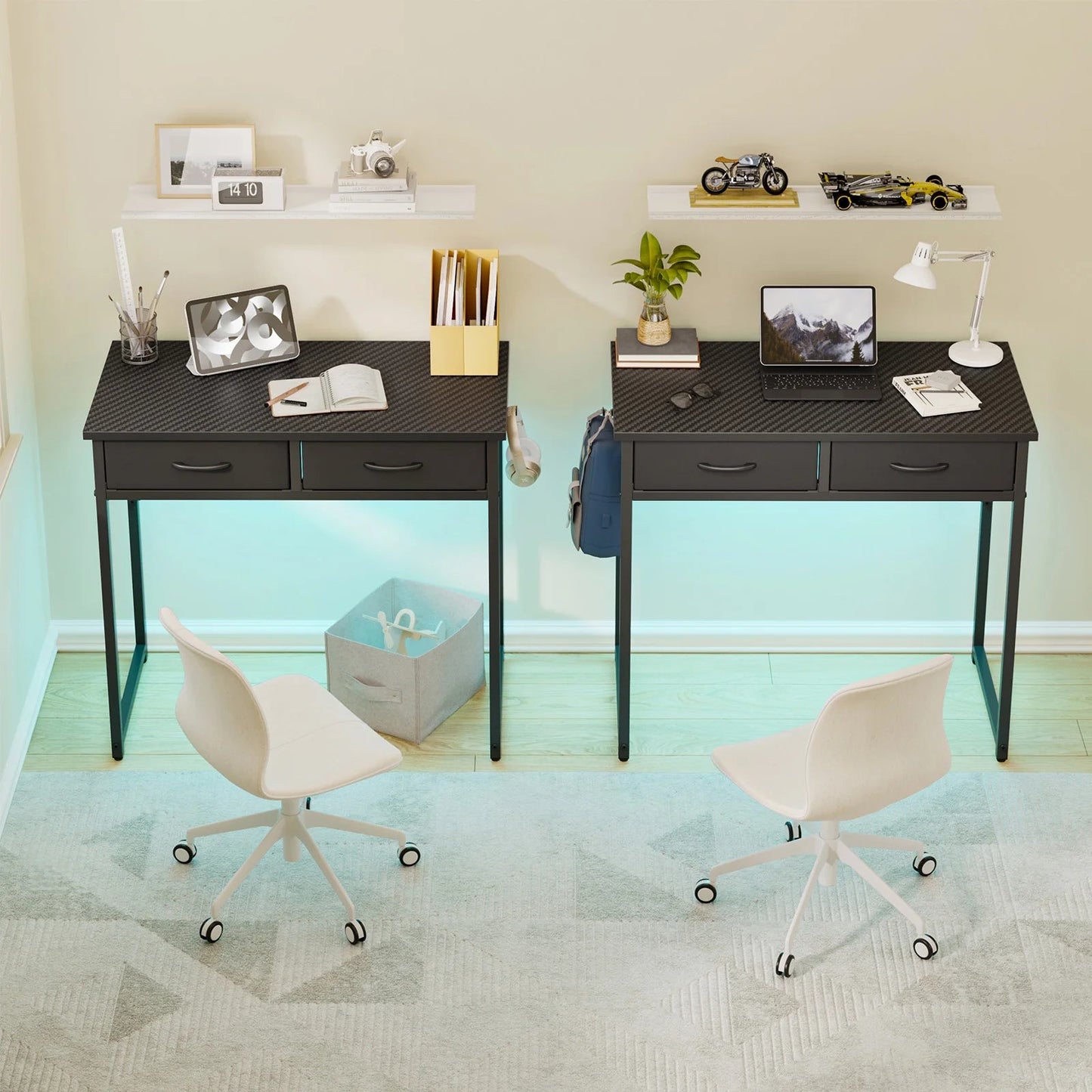 32 Inch Small Desk Computer Desk with Fabric Drawers& RGB LED Light, Writing Desk, White Vanity Desk with Hanging Hook Hook for Home, Bedroom, Black