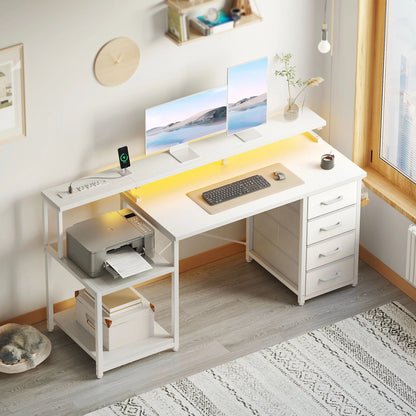 55 Inch Computer Desk with USB Ports and Power Outlets, Printer Shelf & Built-In LED, 4 Drawers & Storage Shelf, Home Office Desks, White