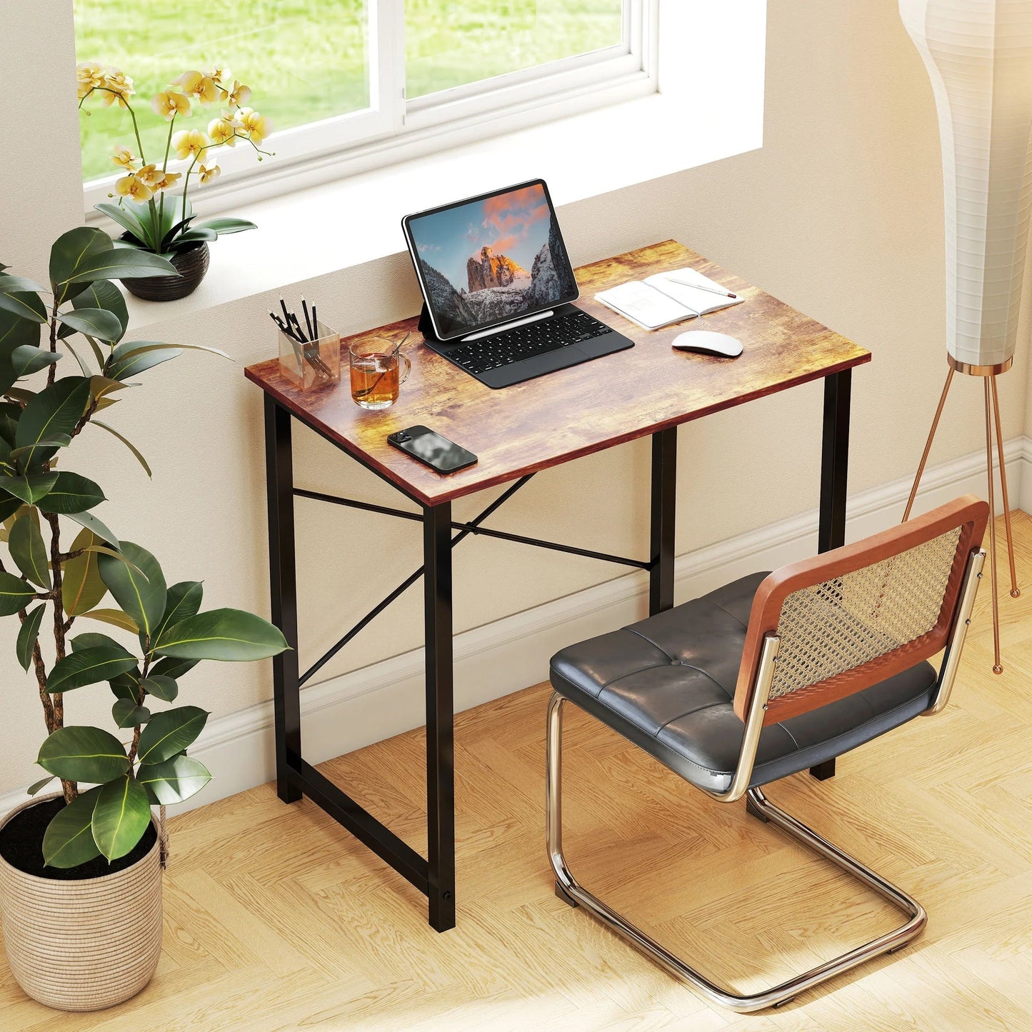 Adult Modern Simple Style with Storage Bag and Iron Hook Small Office Desk, Rust