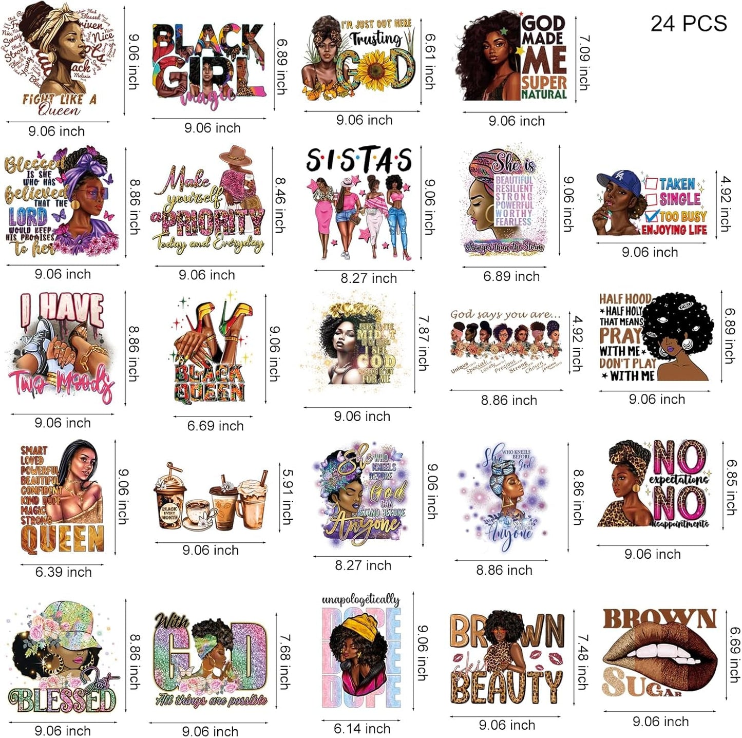 24 Sheets Black Girl Iron on Transfers for T-Shirts, DTF Transfers Ready to Press Black Women Black History DTF Transfers Ready to Press Heat Transfer Vinyl Vinyl Stickers for Clothes Bag Pillow Craft