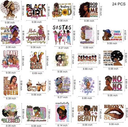24 Sheets Black Girl Iron on Transfers for T-Shirts, DTF Transfers Ready to Press Black Women Black History DTF Transfers Ready to Press Heat Transfer Vinyl Vinyl Stickers for Clothes Bag Pillow Craft