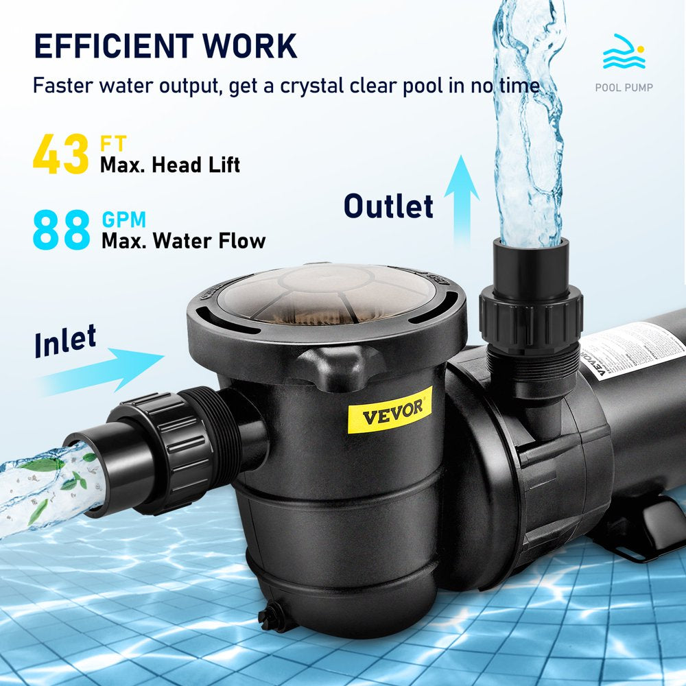 Swimming Pool Pump, 1.5HP 115V, 1100W Single Speed Pumps for above Ground Pool W/ Strainer Basket, 5280GPH Max. Flow, Certification of ETL