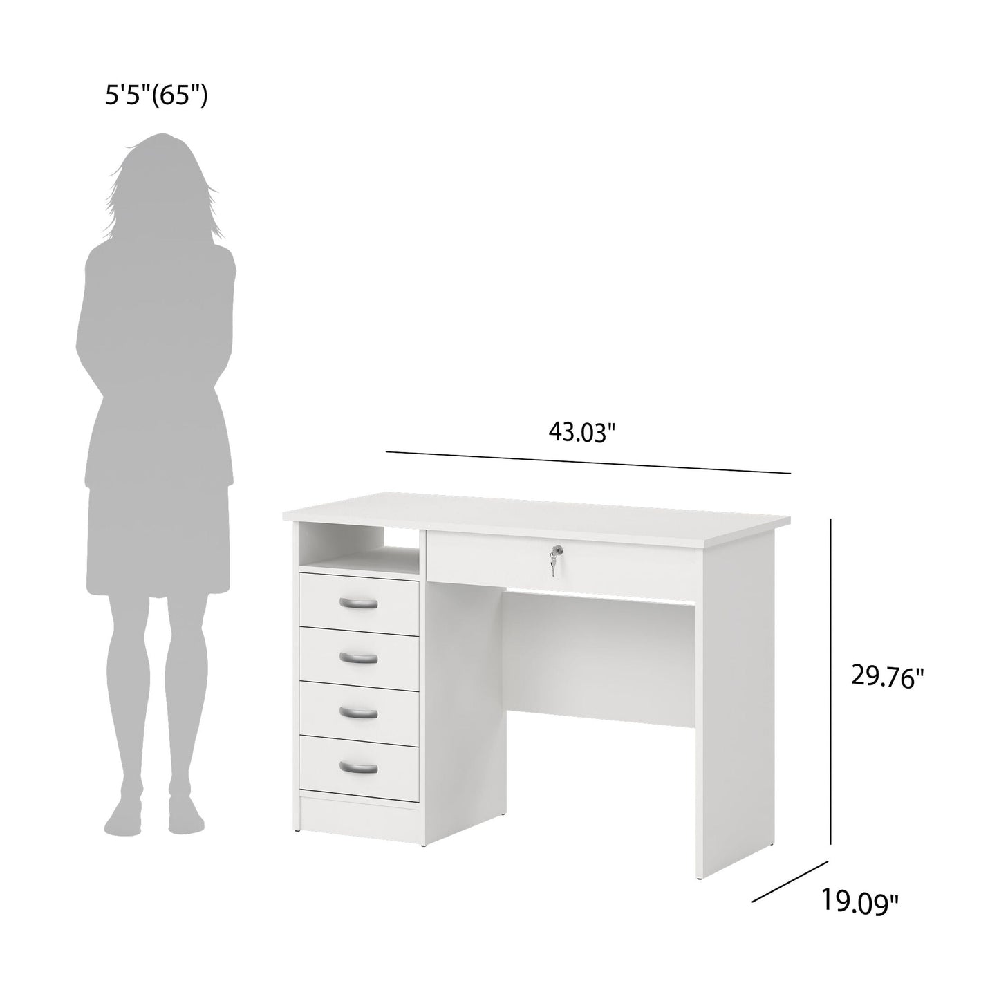 Walden 5 Drawer Office Desk with 1 Locking Drawer for Adults, White