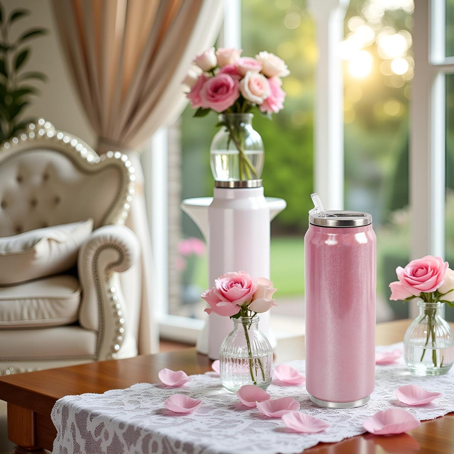 Colorsub 17 Oz Sublimation Glitter Tumblers Cans, Stainless Steel Sublimation Blanks Tumblers, Double Wall Insulated Cups Set with Lid, Straw, Gift Box, 6 Pack Pink