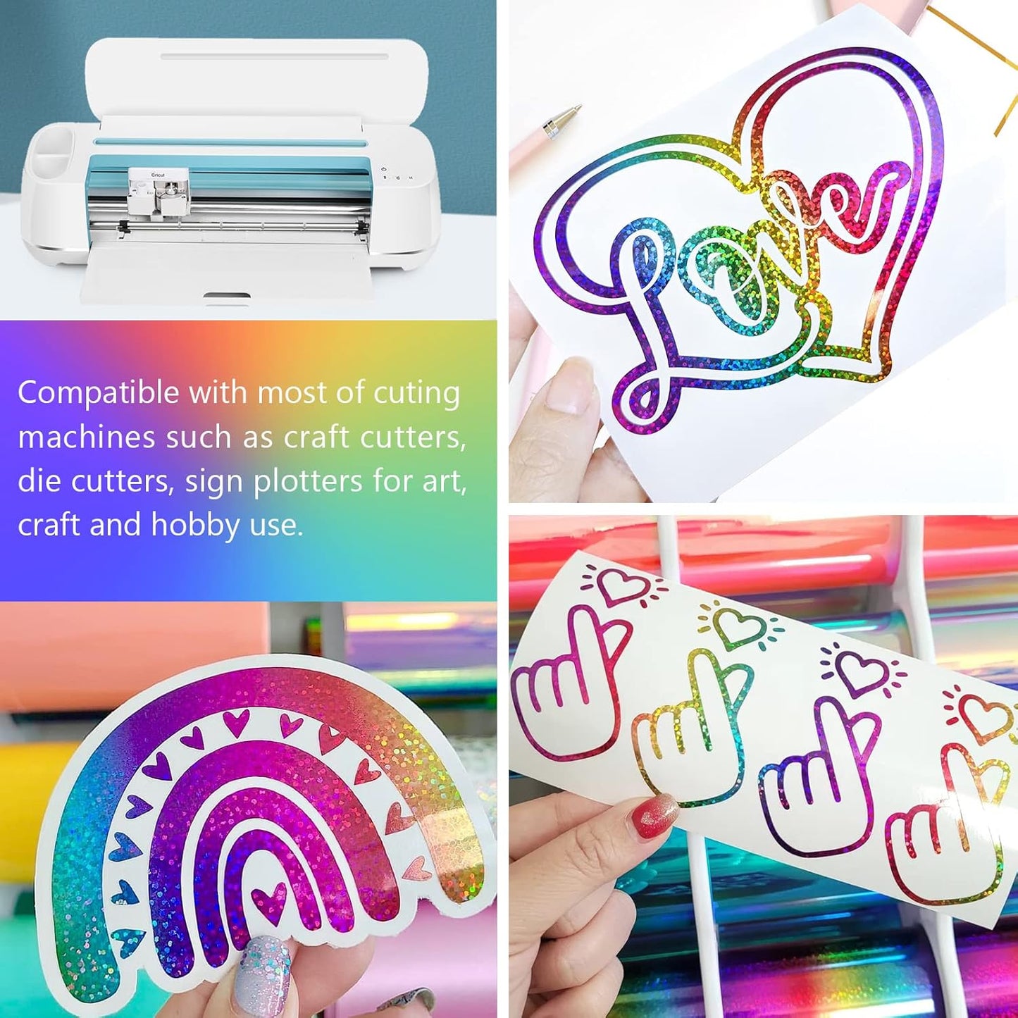 Sparkle Permanent Vinyl Rainbow Holographic Chrome Adhesive Vinyl 1Ft X 5Ft, Rainbow