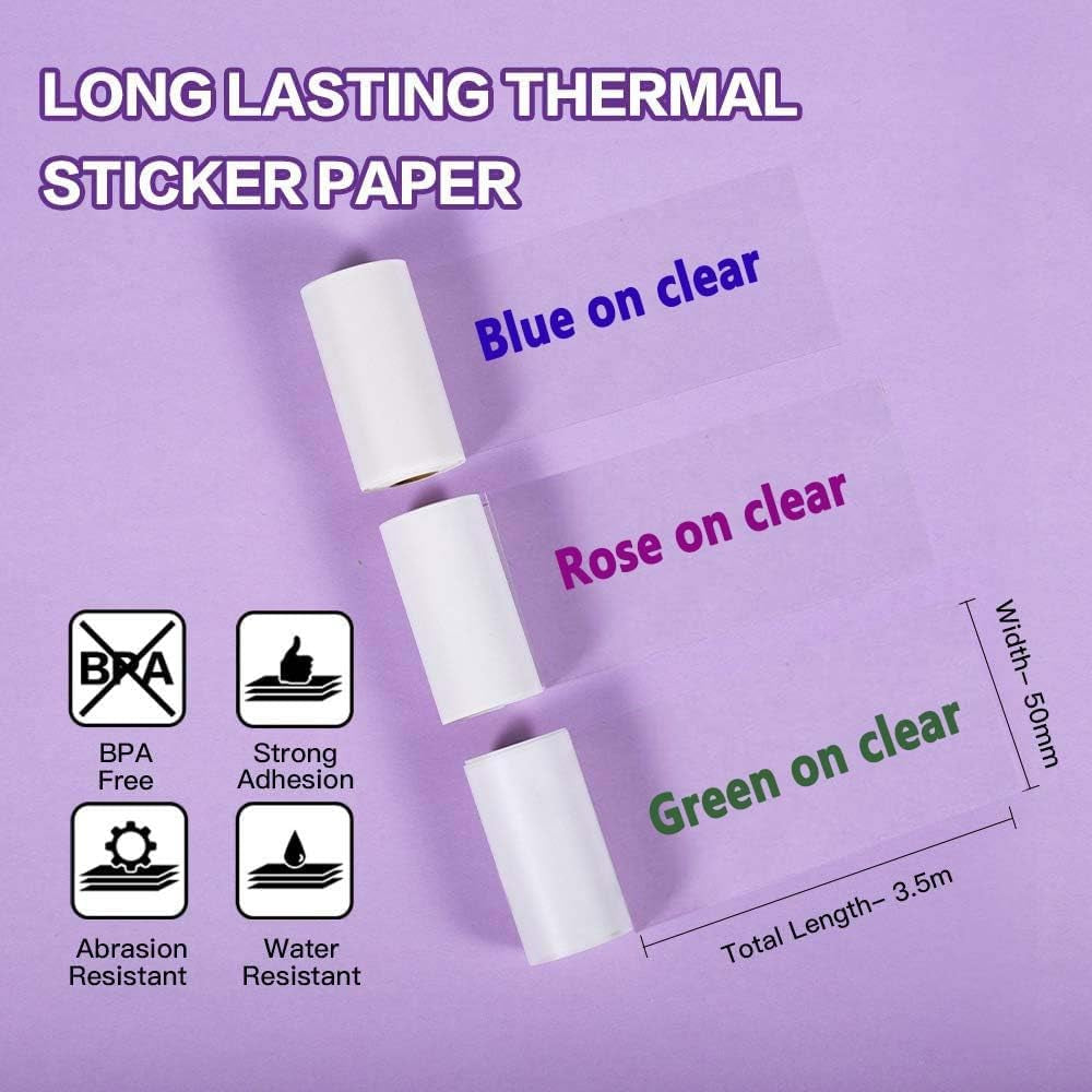 Phomemo Decoration Labels, Green/Blue/Rose on Clear for Phomemo M02/M02 Pro/M02S/M03/M03As/M04S Mini Bluetooth Thermal Receipt Printer