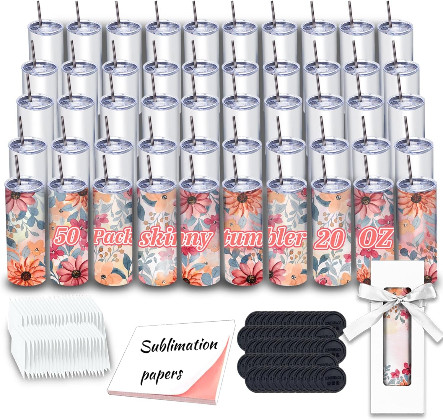 50 Pack Sublimation Tumblers 20 Oz Skinny Bulk,Stainless Steel Double Wall Insulated Straight Sublimation Tumbler Cups Blank White with Lid,Individually Box,Polymer Coating for Heat Transfer